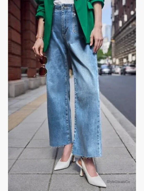 Size 10 High Waisted Cropped Jeans Stretchy Baggy Straight Leg Raw Hem Denim - Picture 2 of 7